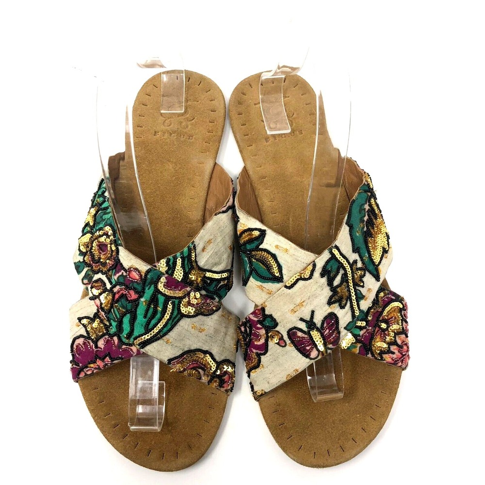 Figue Sandals Slip On Sequin Beaded Butterfly Slides Womens 9 Boho Shoes Beachy